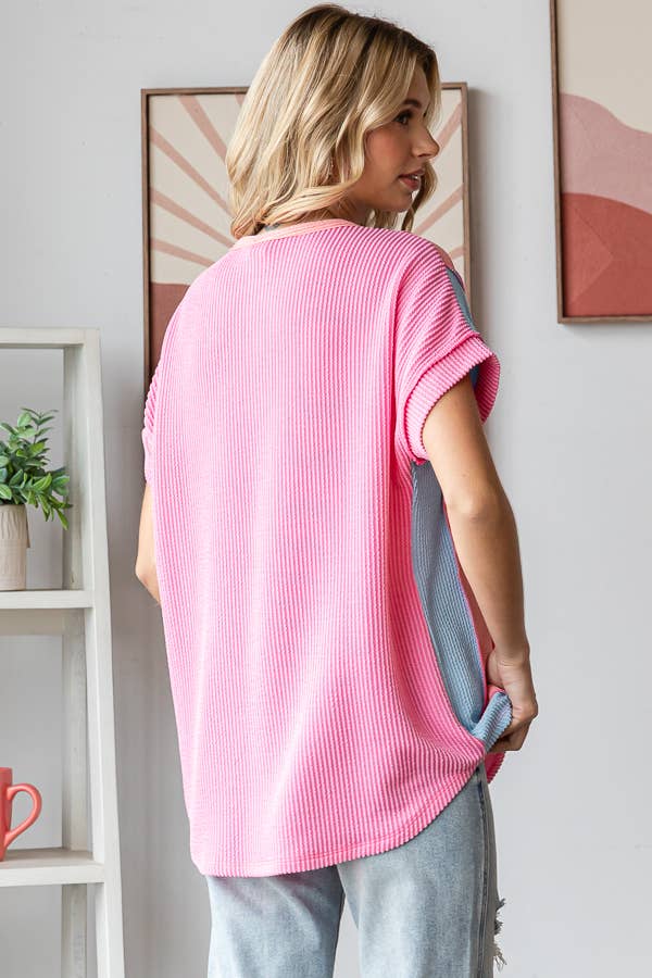 Women's Twist Rib Color Block Knit Top T5498