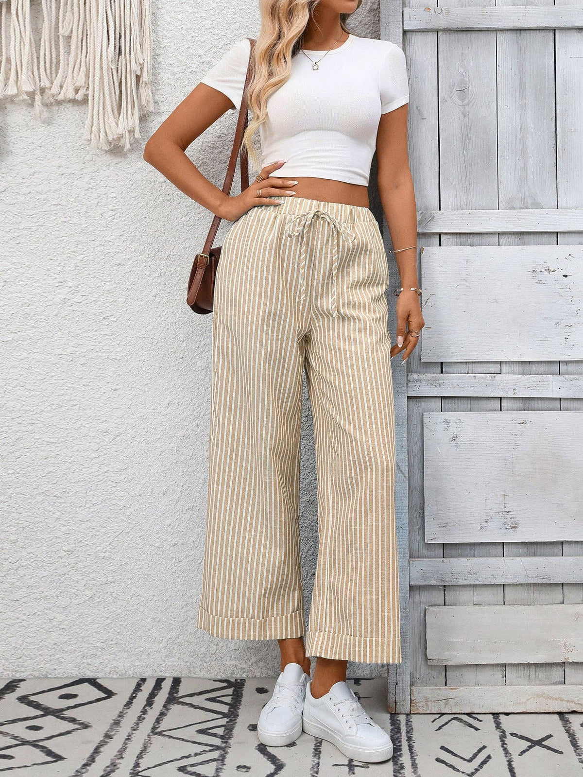 Suhkasana - Striped High Waist Wide Leg Pants Casual Summer