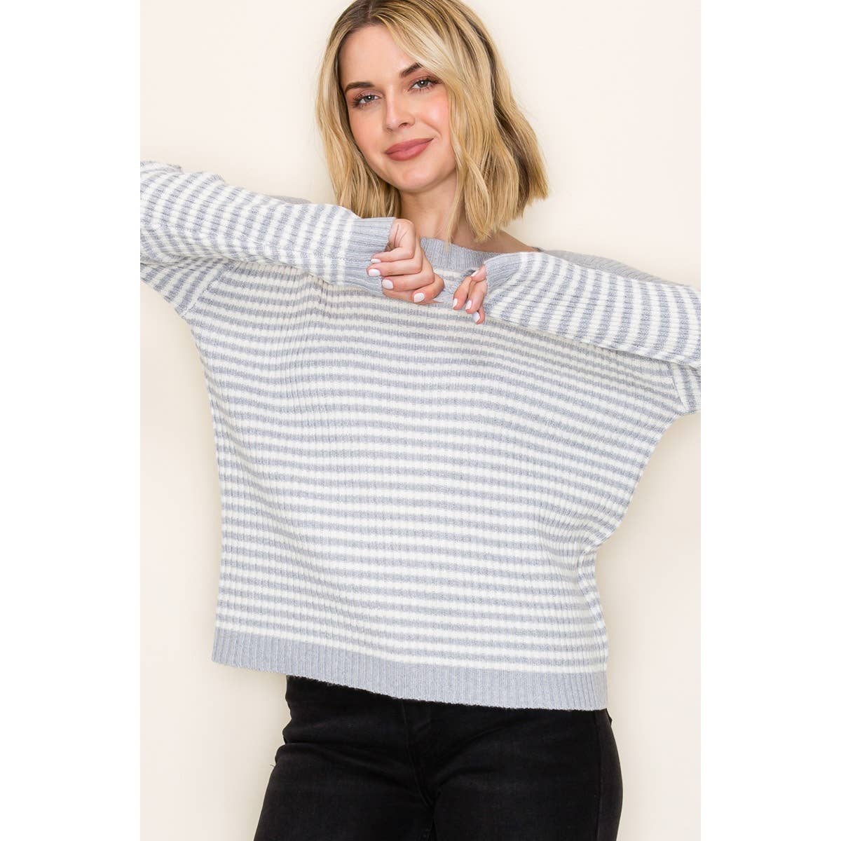 STACCATO - BOAT NECK PULLOVER SWEATER - IVORY/TAUPE