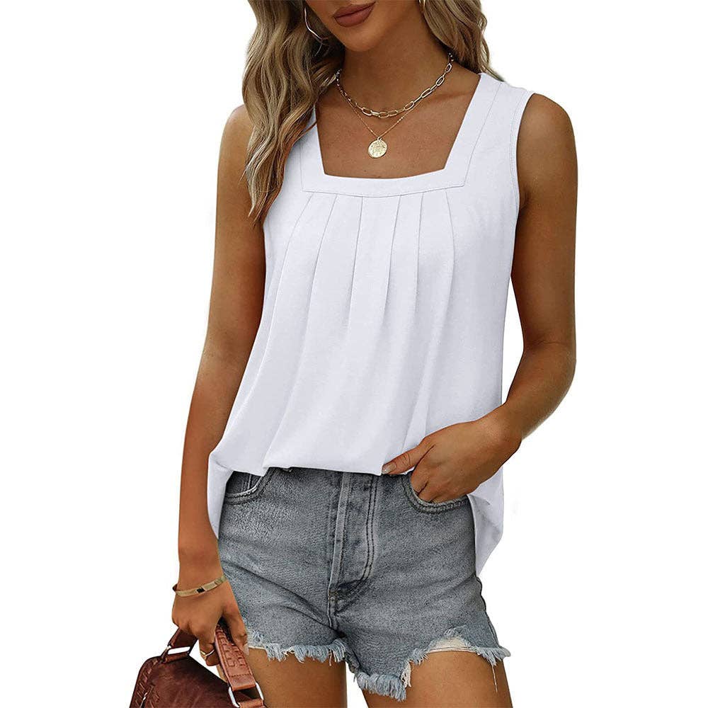 Suhkasana - Square Neck Pleated Sleeveless Flowy Tank Top