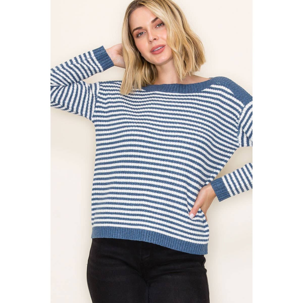 STACCATO - BOAT NECK PULLOVER SWEATER - IVORY/TAUPE