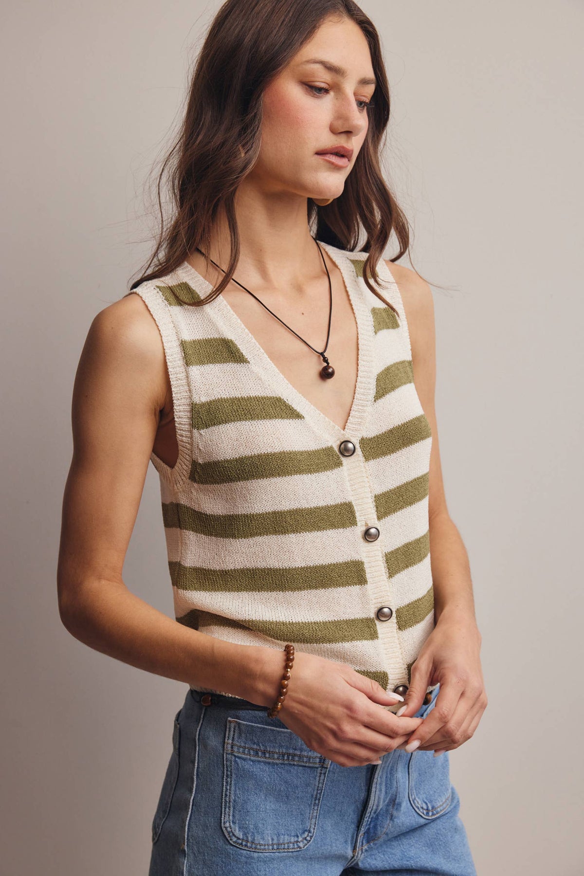 Forte - Striped Button-Front Knit Vest Top FSW0047