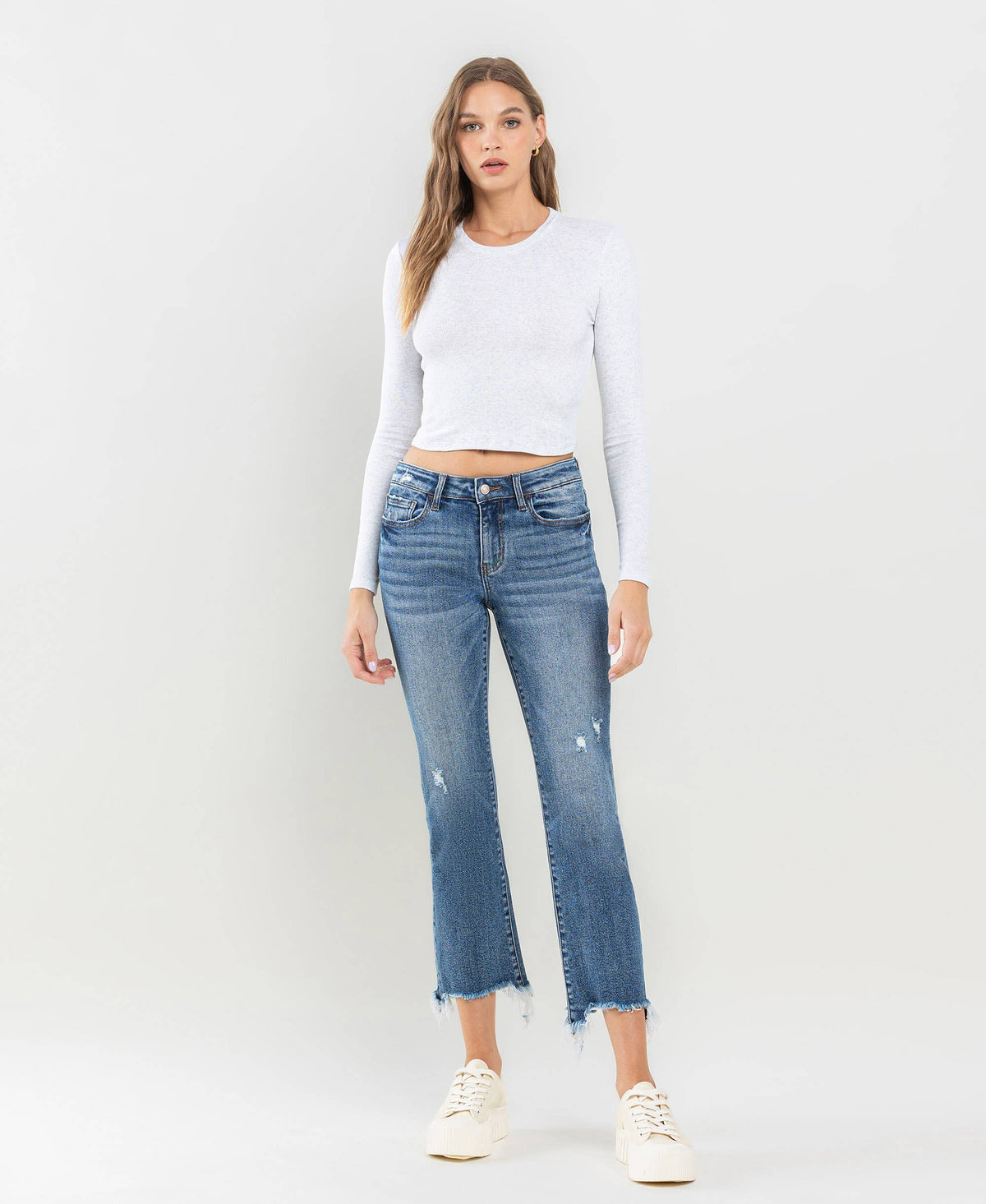 Lovervet by VERVET - MID RISE FRAYED HEM ANKLE BOOTCUT JEANS LV1212