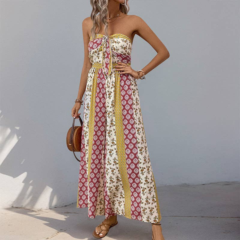 Suhkasana - Boho Strapless Smocked Jumpsuit with Wide-Leg Flare Pants