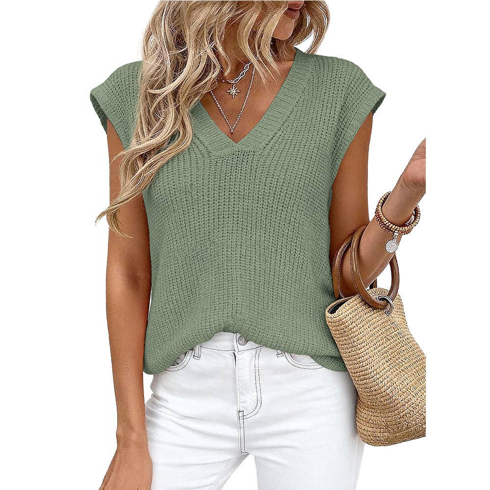 Suhkasana - V Neck Knit Sweater Vest Sleeveless Loose Summer Top