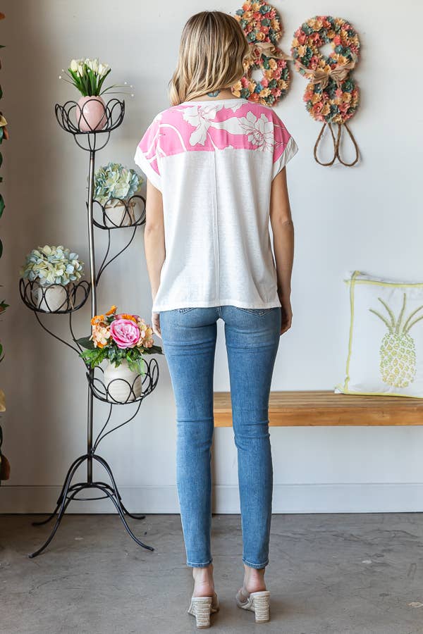 Floral Contrast Twist Banded Short Sleeve Top