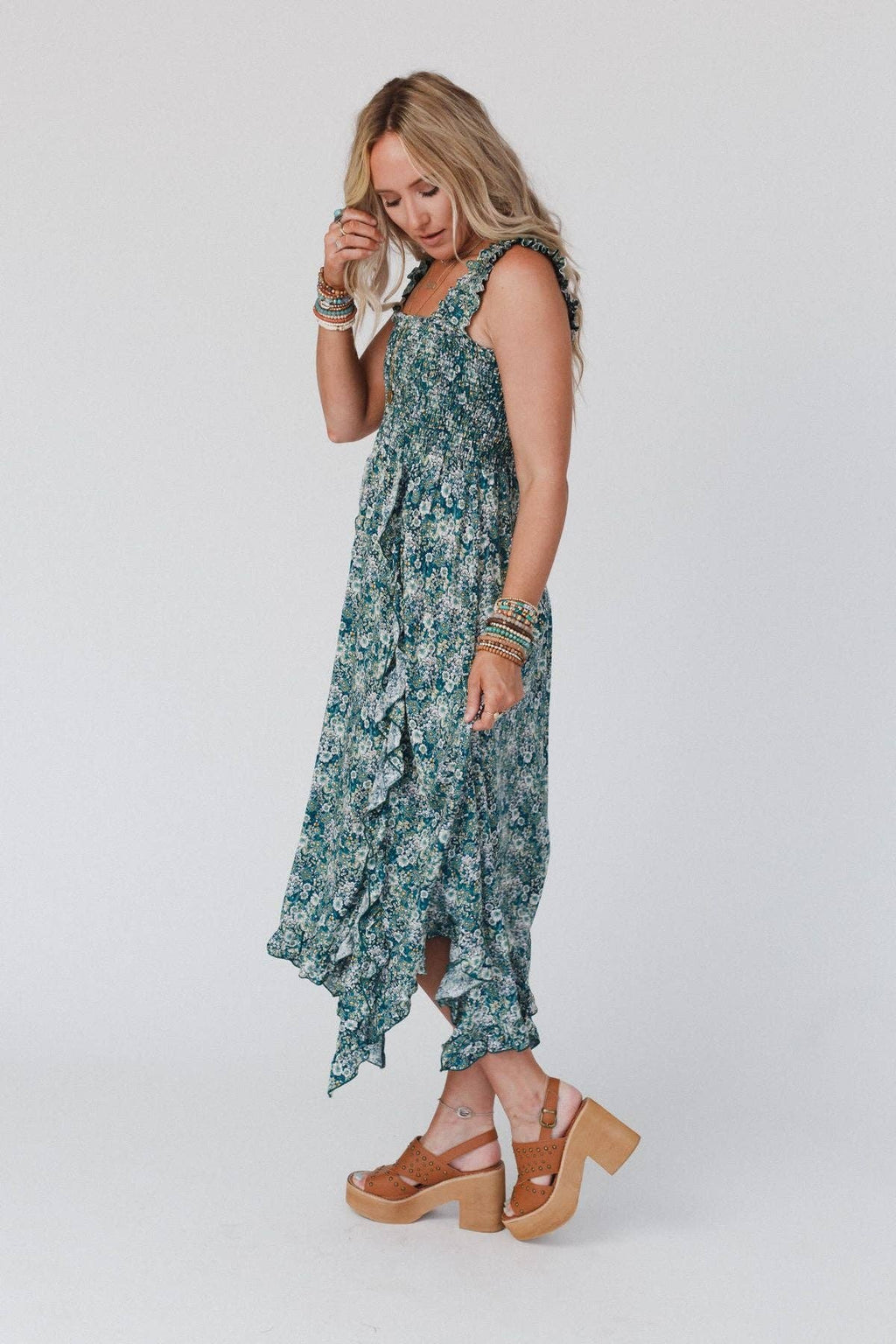 Three Bird Nest - Smitten Smocked Ruffle Maxi Dress - Green
