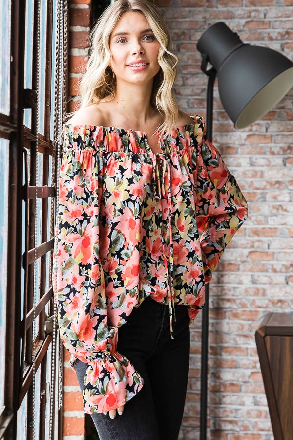 Floral Print Ruffle Neck Blouse for Women T5226