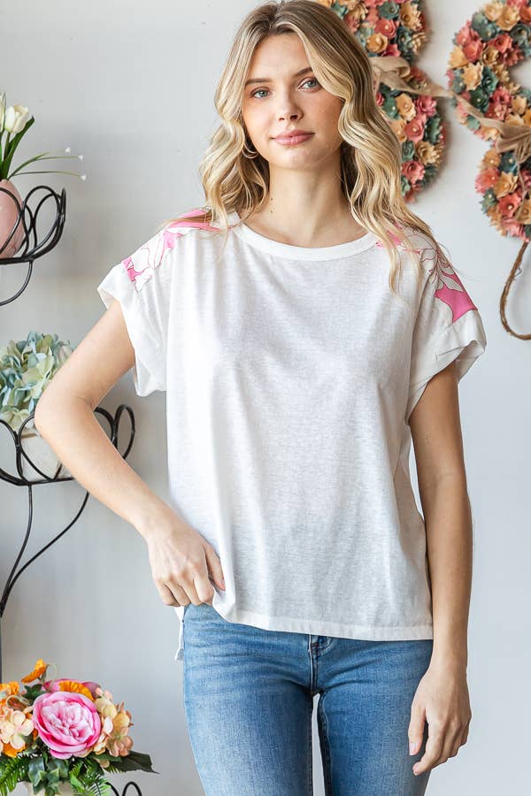 Floral Contrast Twist Banded Short Sleeve Top