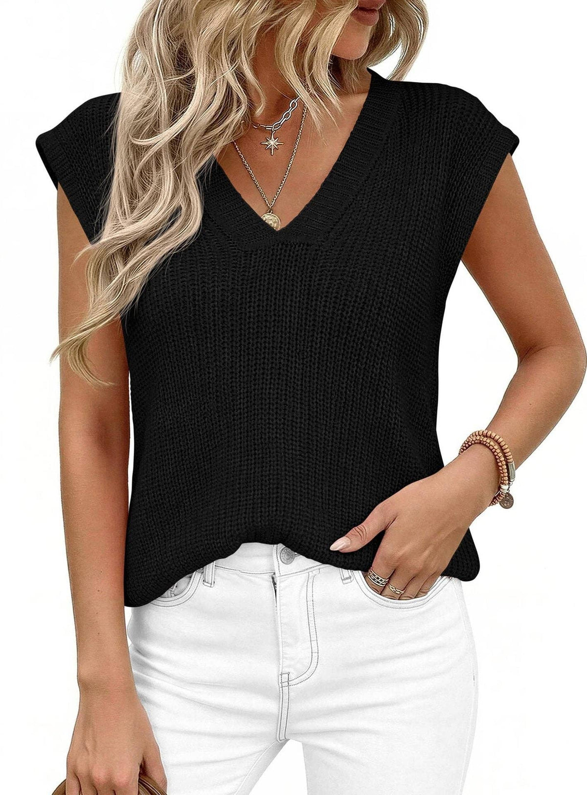 Suhkasana - V Neck Knit Sweater Vest Sleeveless Loose Summer Top