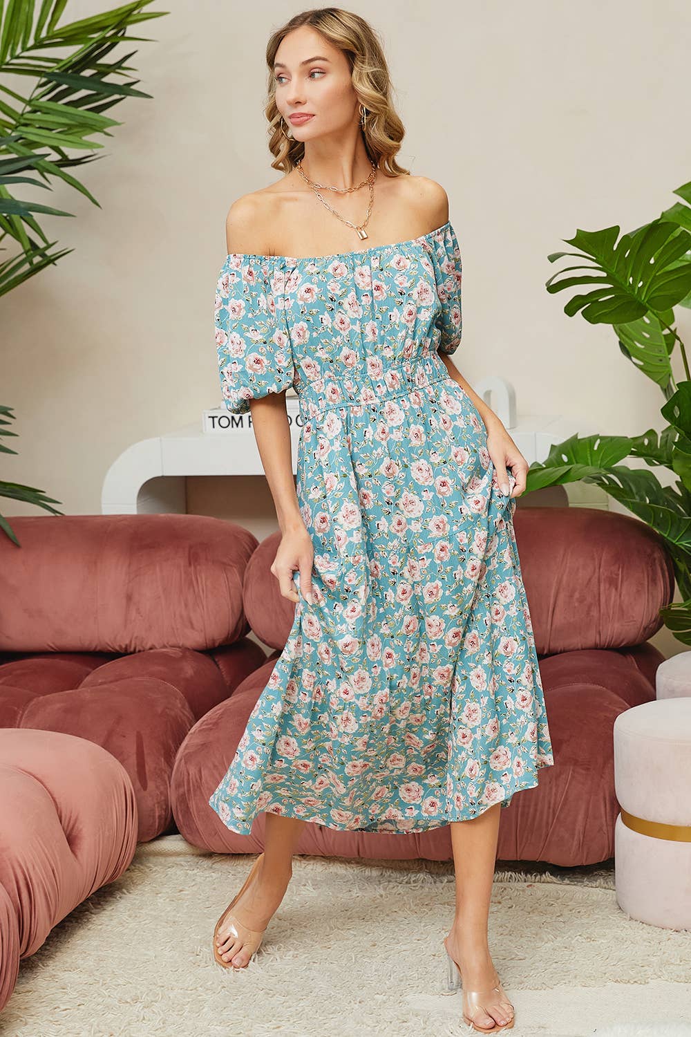 Sweet Lovely by Jen - ROMANTIC FLORAL ELASTIC WAIST MIDI DRESS