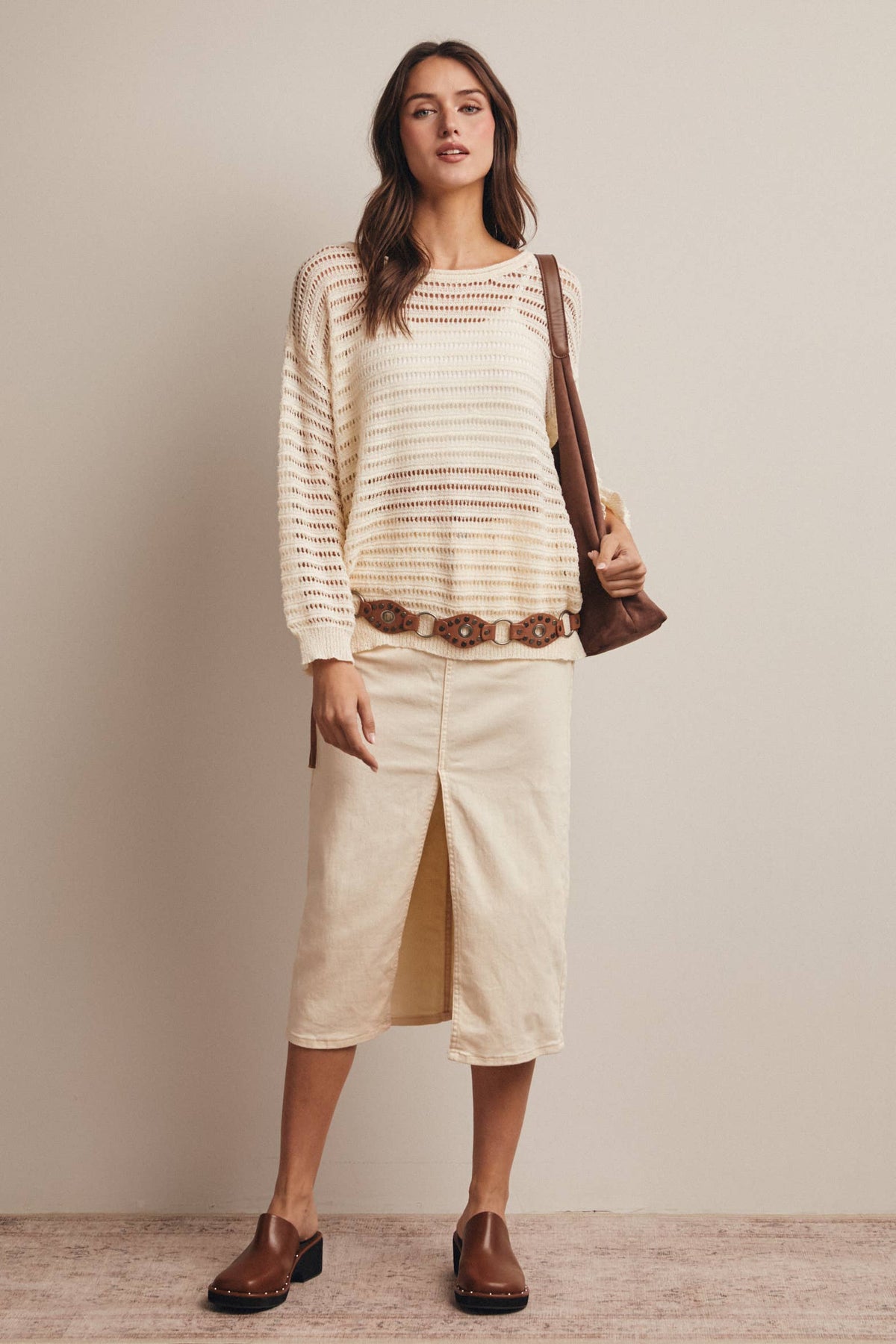 Forte - Open-Knit Stripe Sweater Top FSW0056