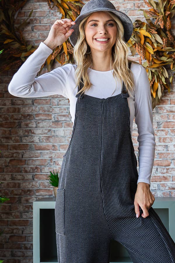 Rib Knit Wide Leg Adjustable Strap Overall Jumpsuit J5293
