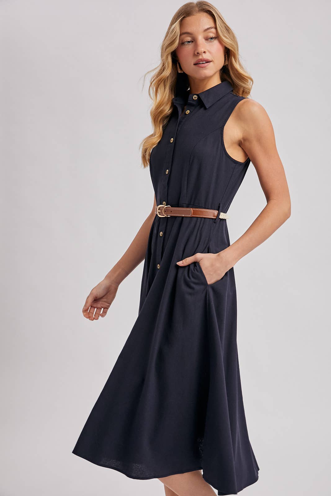 Bluivy - BUTTON DOWN SLEEVELESS BELTED SHIRT MIDI DRESS