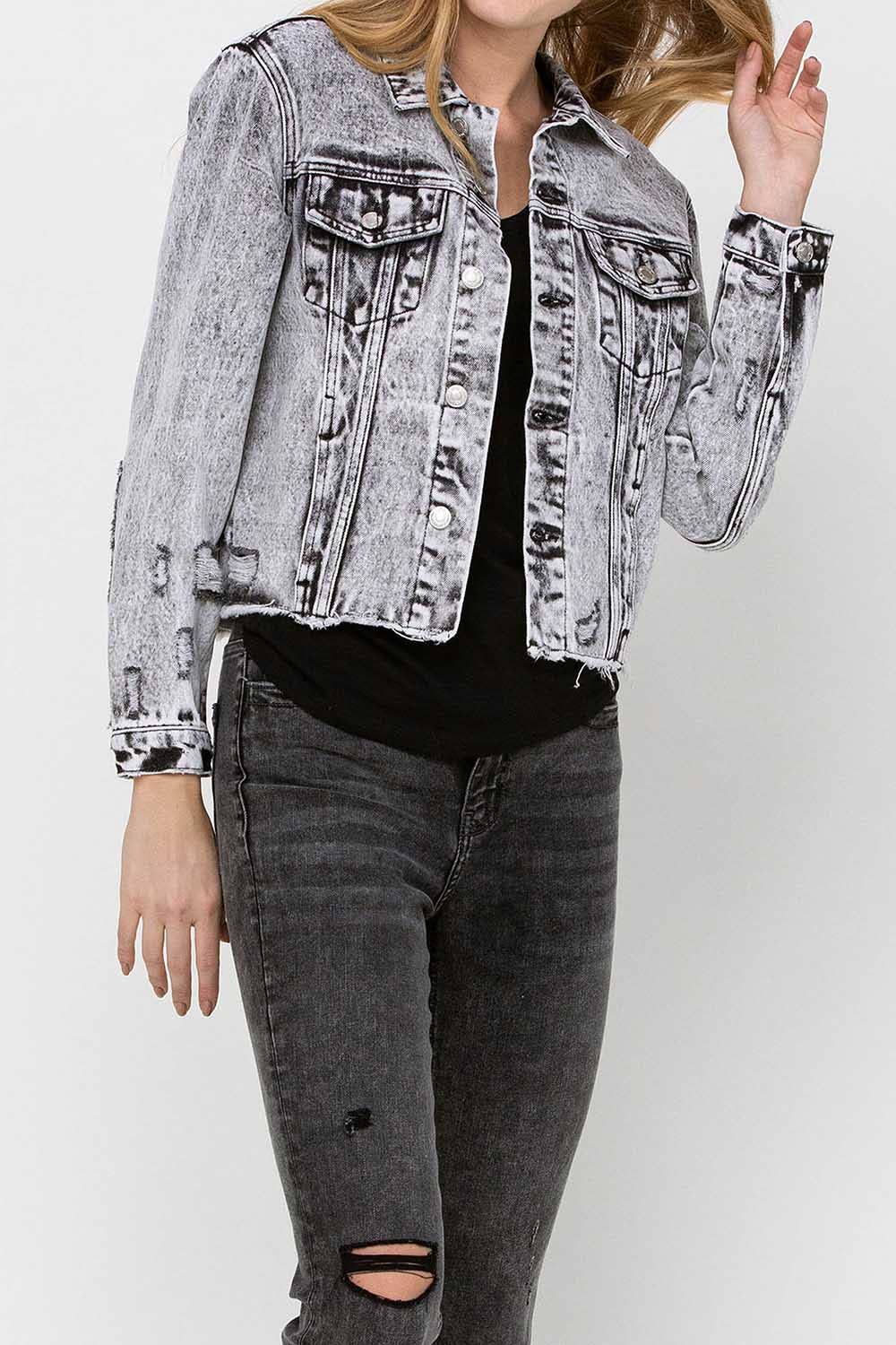 VERVET by FLYING MONKEY - DISTRESSED BLACK ACID WASH CLASSIC CROP JACKET VT1156