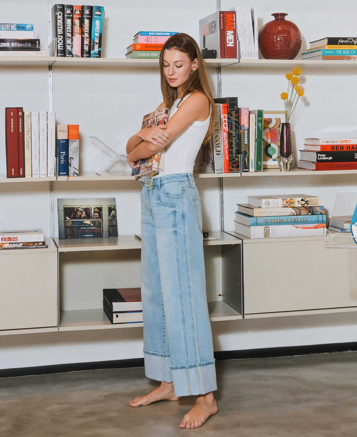 VERVET by FLYING MONKEY - SUPER HIGH RISE LIGHT WASH CUFFED BAGGY WIDE JEANS T6515