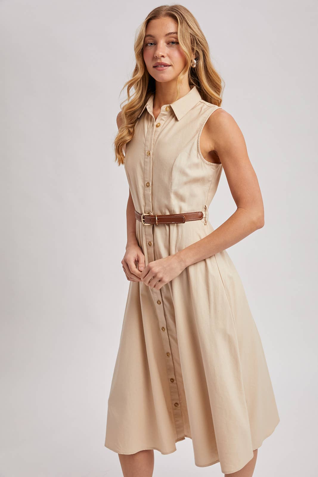 Bluivy - BUTTON DOWN SLEEVELESS BELTED SHIRT MIDI DRESS