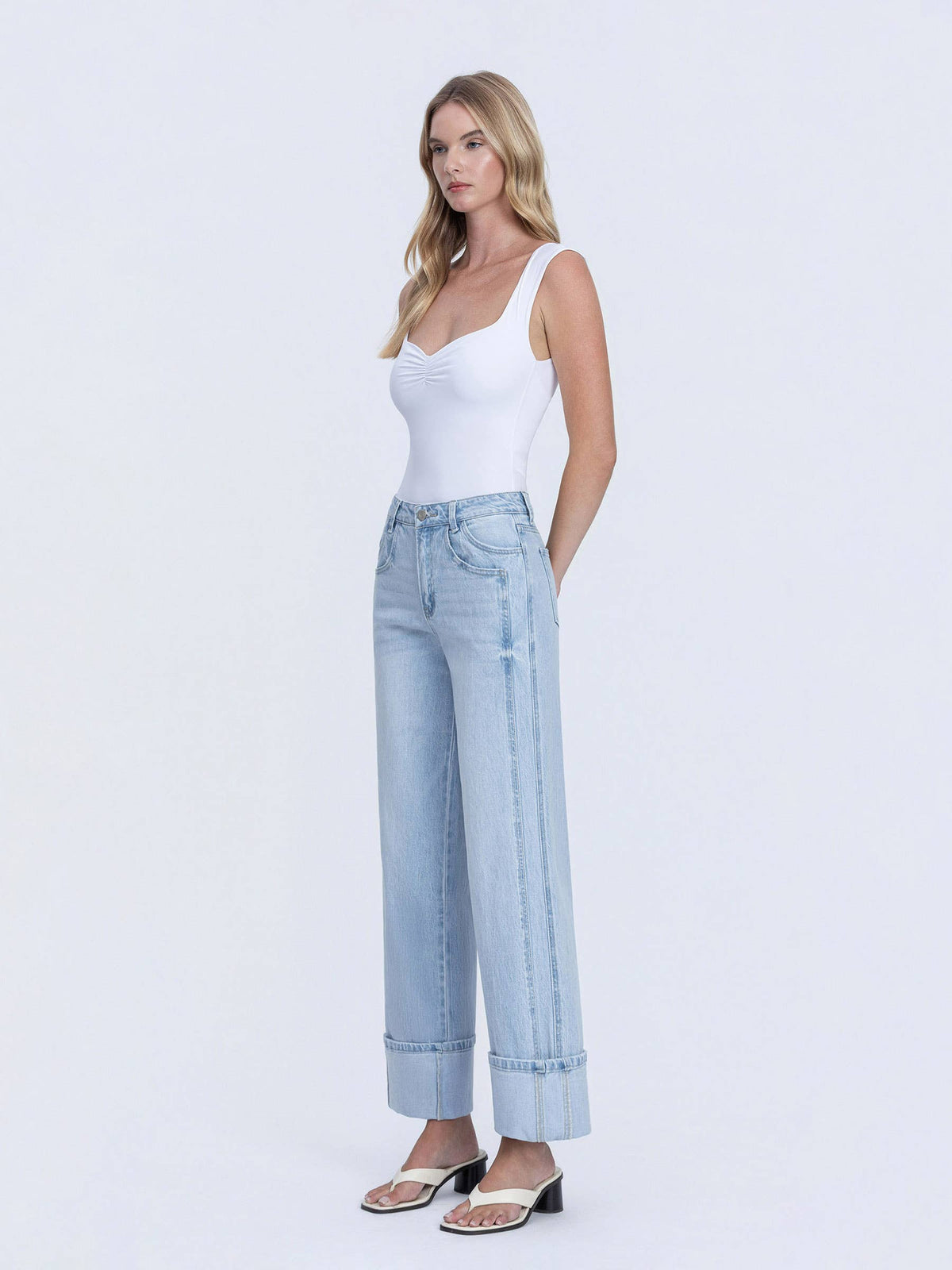 VERVET by FLYING MONKEY - SUPER HIGH RISE LIGHT WASH CUFFED BAGGY WIDE JEANS T6515