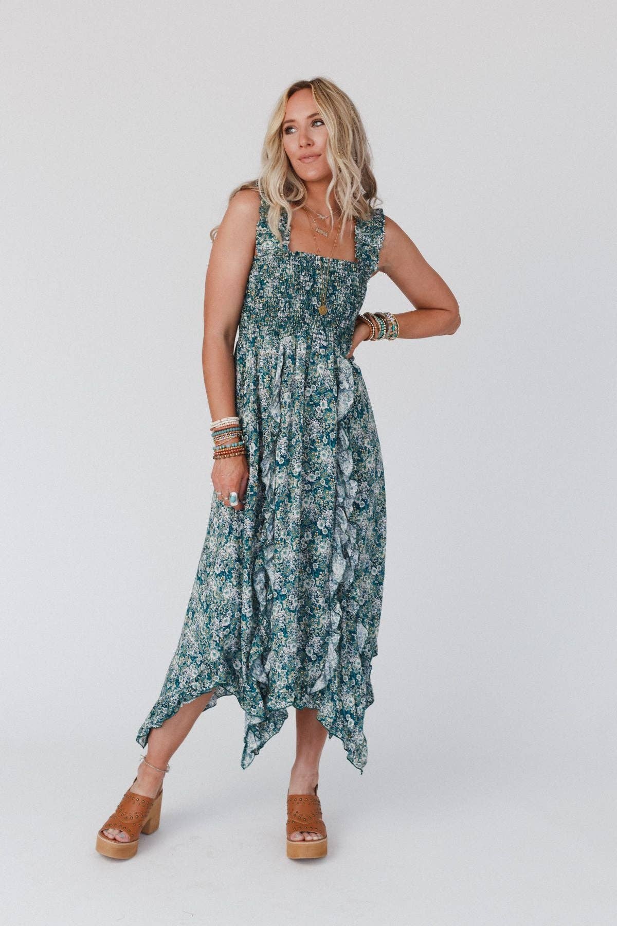 Three Bird Nest - Smitten Smocked Ruffle Maxi Dress - Green