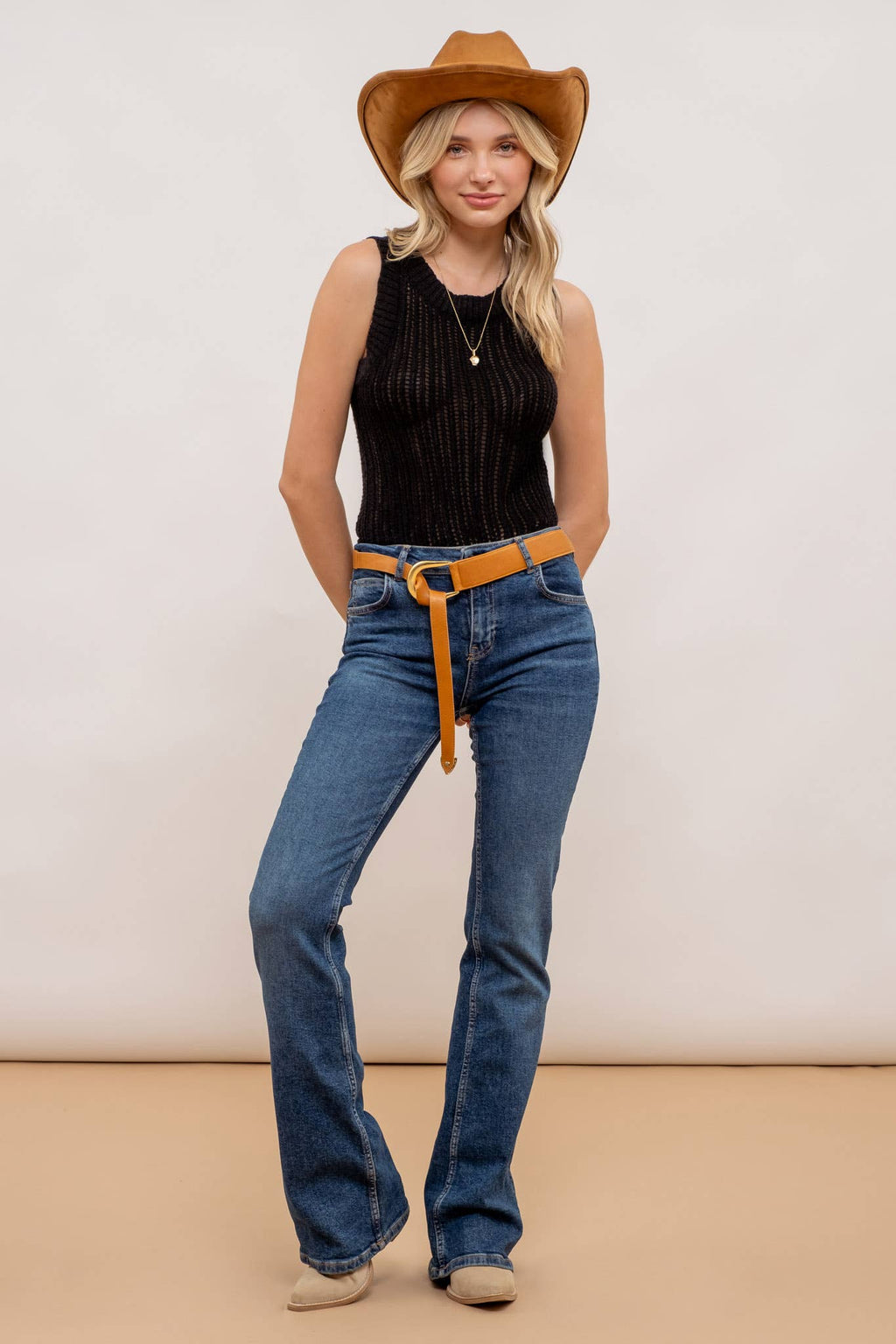 Blu Pepper - ROUND NECK CROCHET SWEATER KNIT TANK TOP