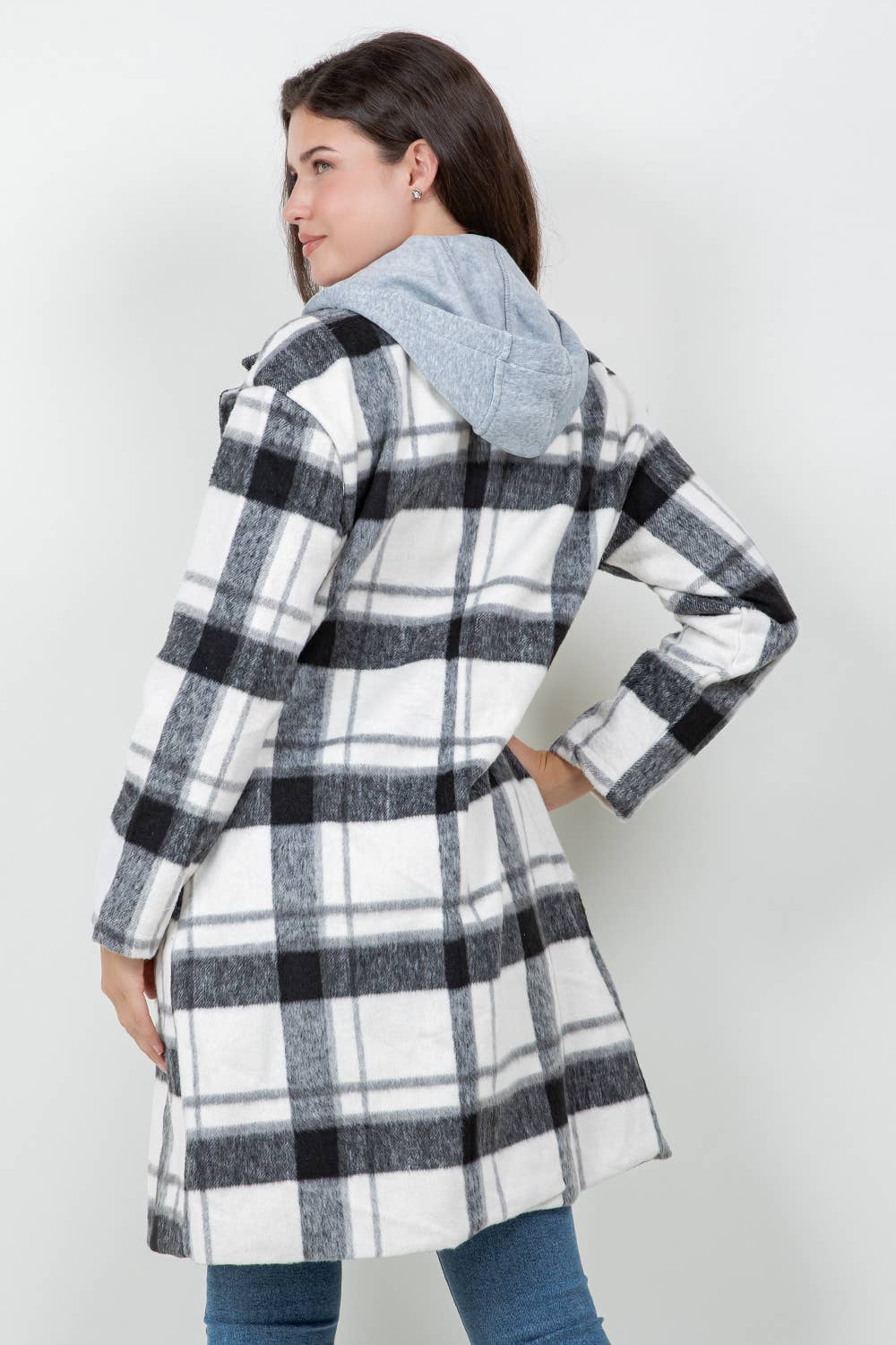 Veracci - Oversized Woolen Plaid Coat / Jacket with detachable Hood