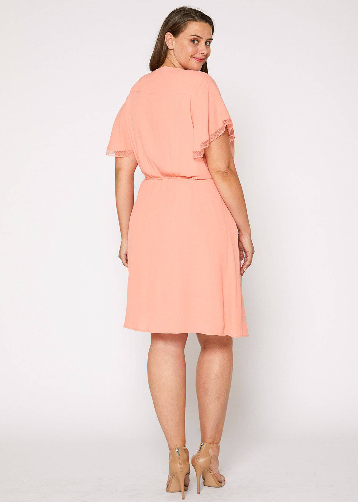 Robin K - Nurode's Plus Size Lace Trim Wrap Dress in Coral