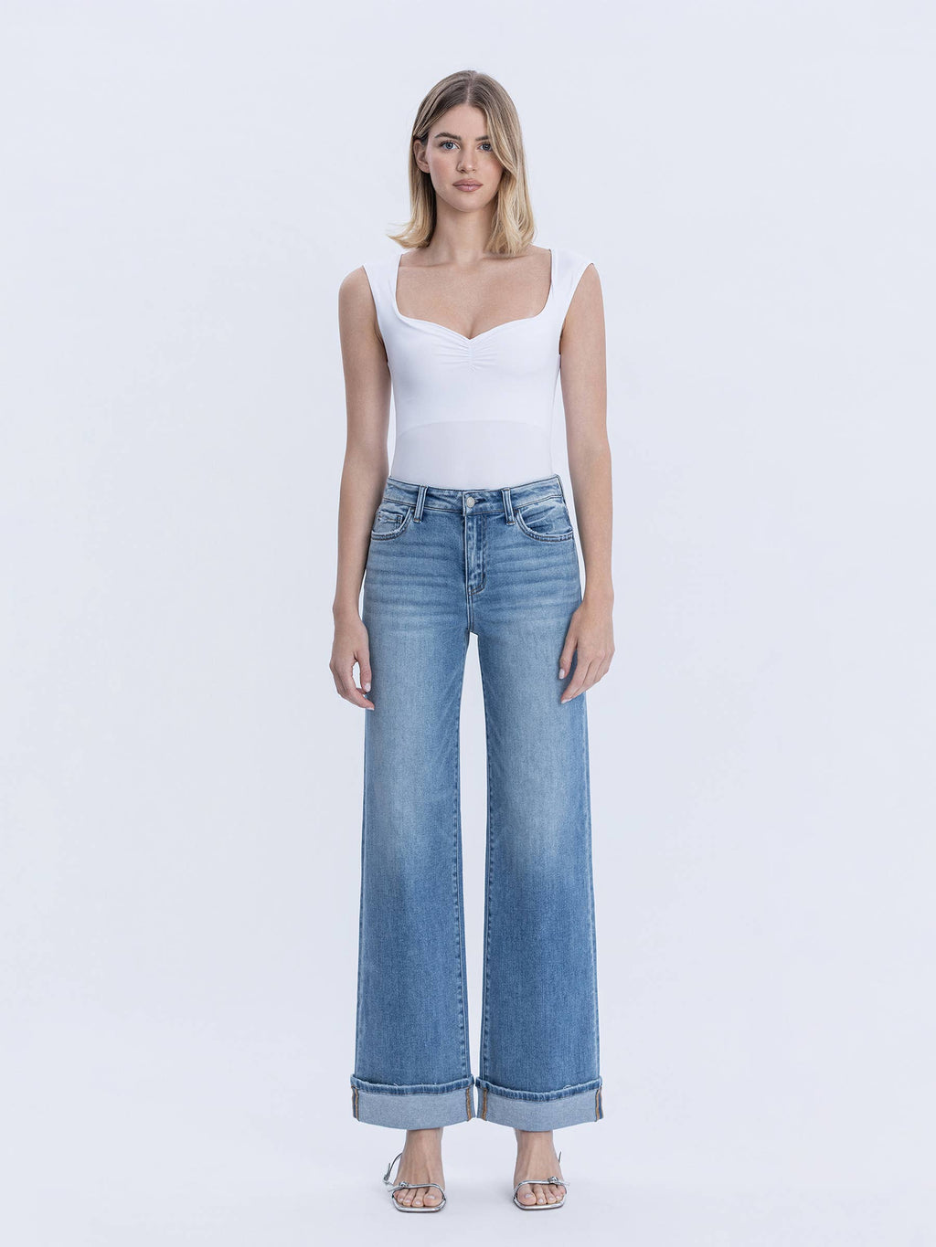 VERVET by FLYING MONKEY - HIGH RISE FULL LENGTH CUFFED WIDE JEANS T7049