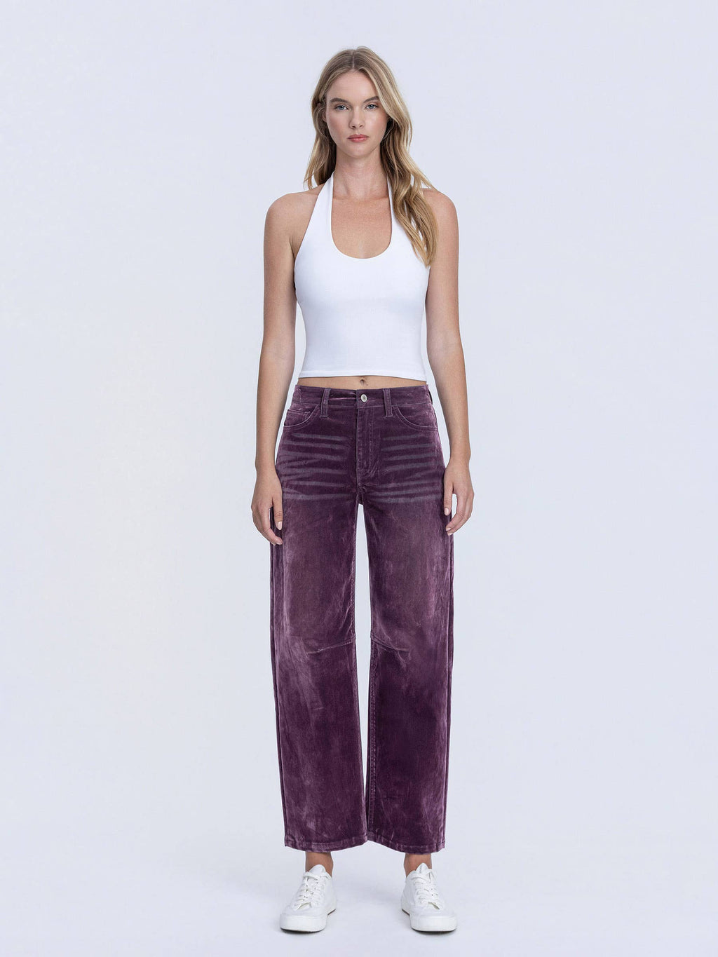 VERVET by FLYING MONKEY - HIGH RISE VELVET FLOCKED PURPLE BARREL LEG JEANS T7091PUR