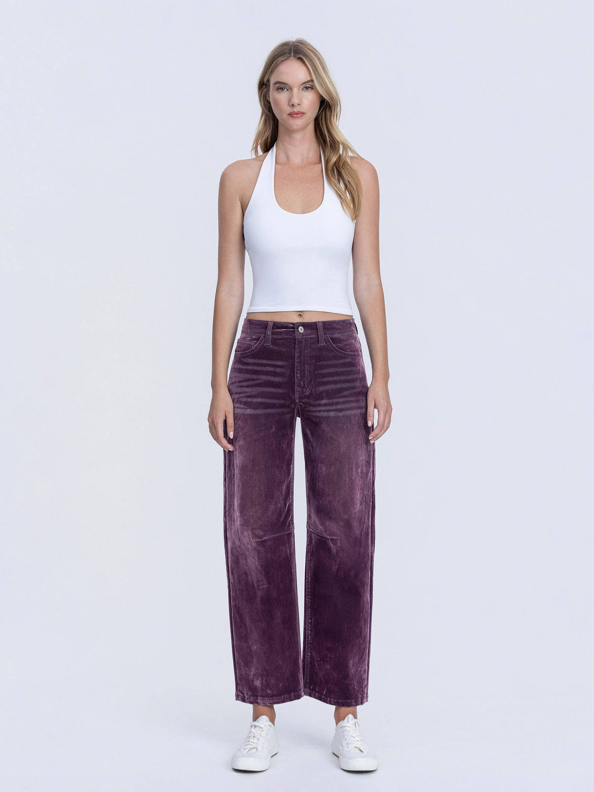 VERVET by FLYING MONKEY - HIGH RISE VELVET FLOCKED PURPLE BARREL LEG JEANS T7091PUR