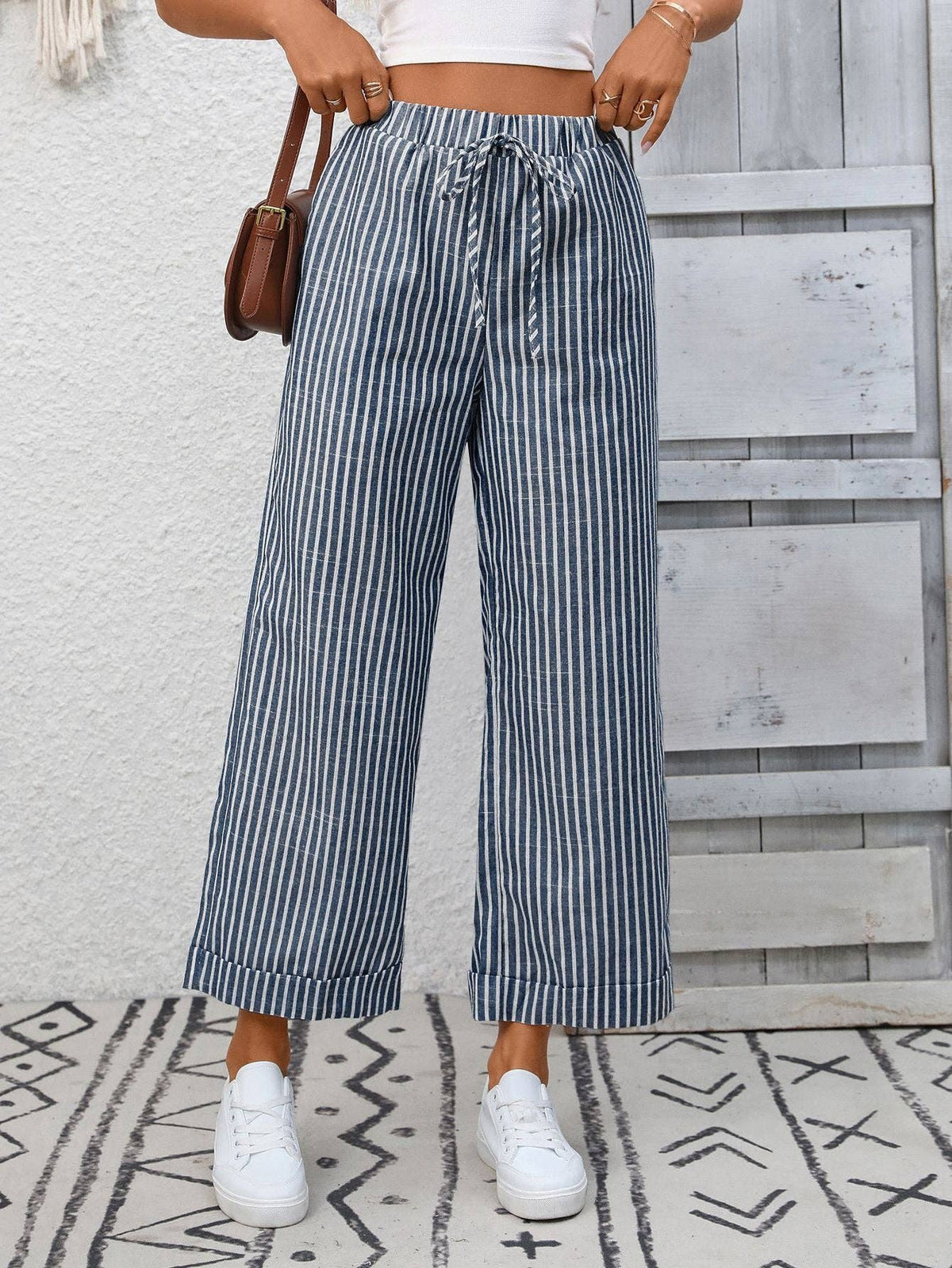 Suhkasana - Striped High Waist Wide Leg Pants Casual Summer