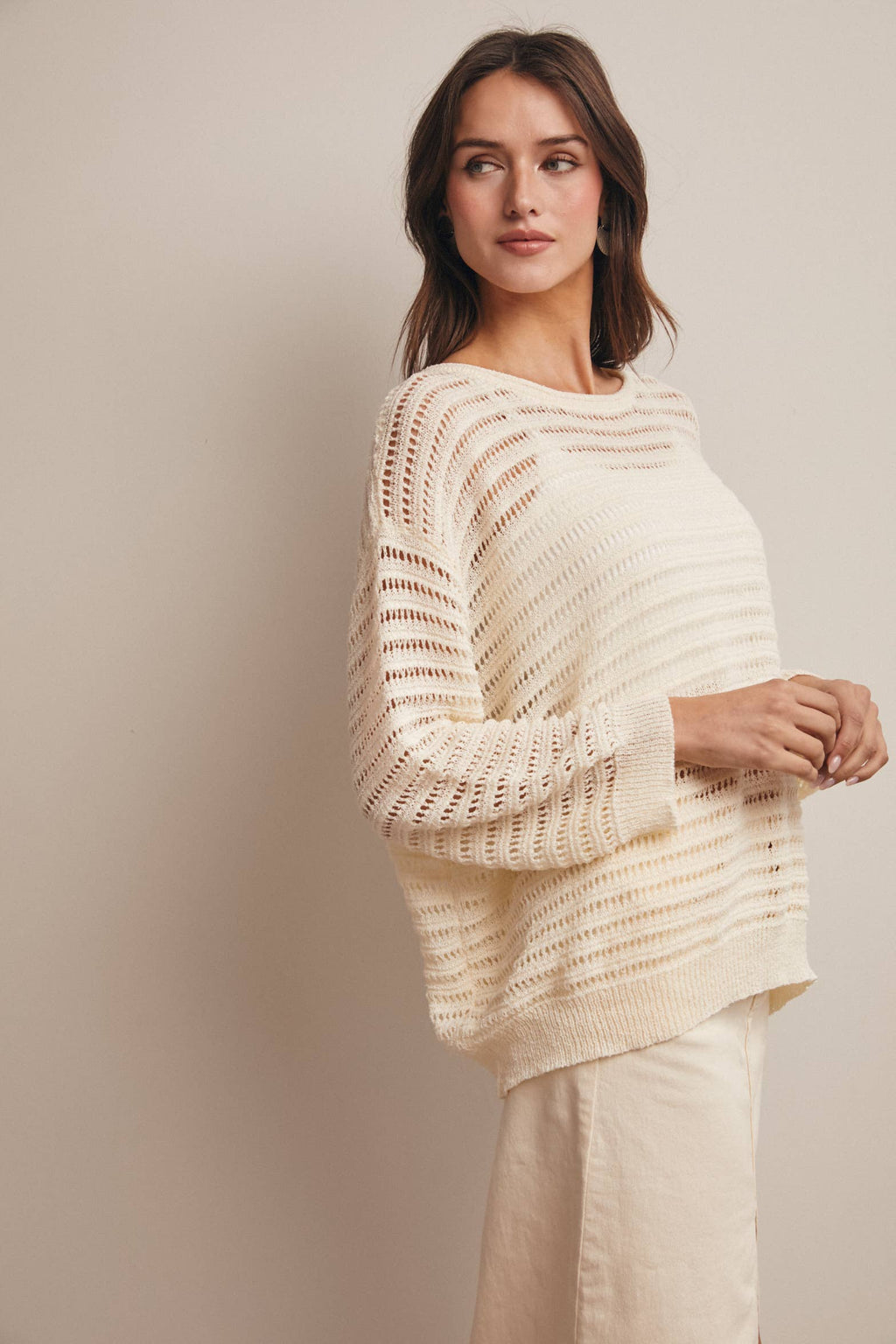 Forte - Open-Knit Stripe Sweater Top FSW0056