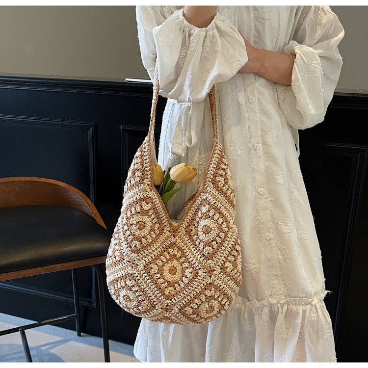 Suhkasana - Crochet Knit Tote Bag Boho Shoulder Bag for Women