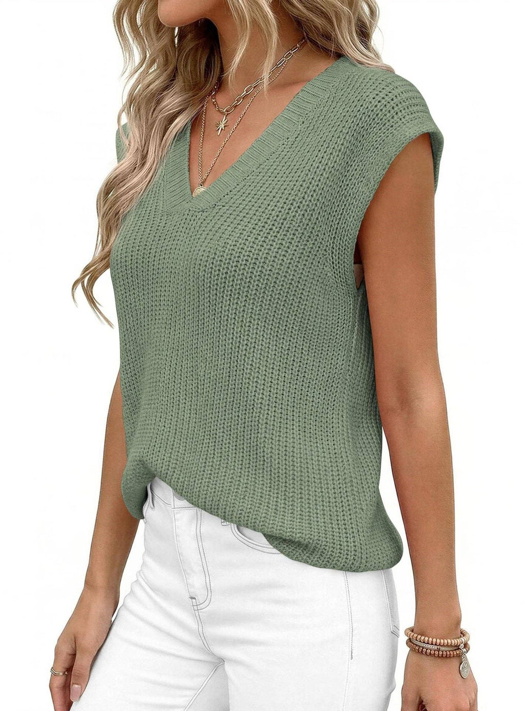 Suhkasana - V Neck Knit Sweater Vest Sleeveless Loose Summer Top
