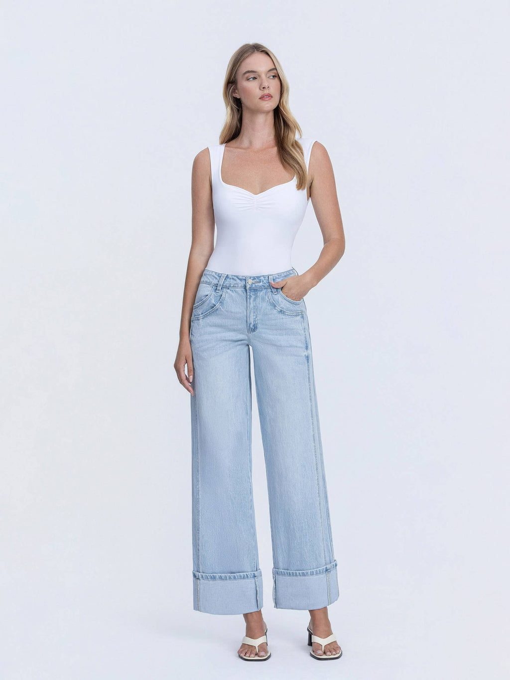 VERVET by FLYING MONKEY - SUPER HIGH RISE LIGHT WASH CUFFED BAGGY WIDE JEANS T6515