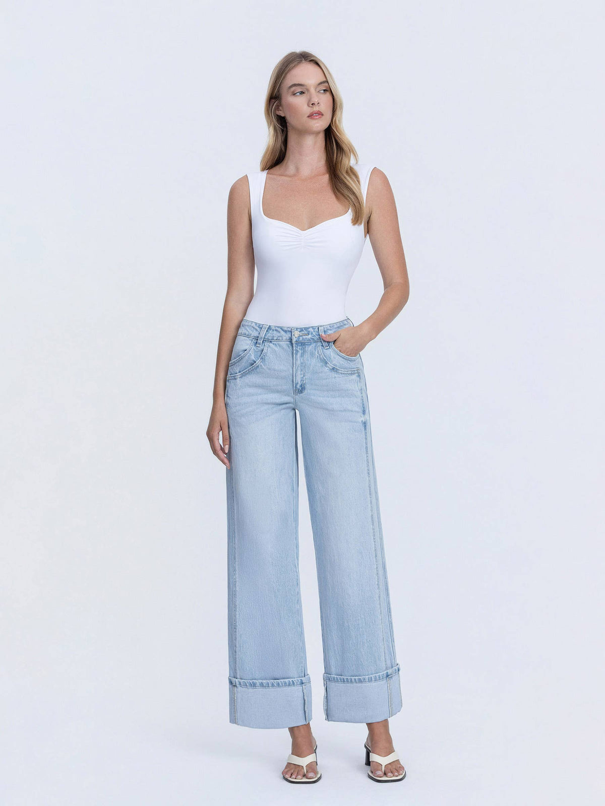 VERVET by FLYING MONKEY - SUPER HIGH RISE LIGHT WASH CUFFED BAGGY WIDE JEANS T6515