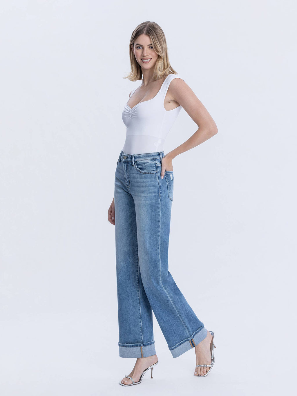 VERVET by FLYING MONKEY - HIGH RISE FULL LENGTH CUFFED WIDE JEANS T7049