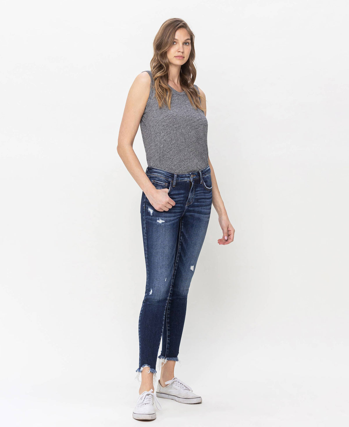 Lovervet by VERVET - MID RISE UNEVEN RAW HEM CROP SKINNY JEANS LV1144