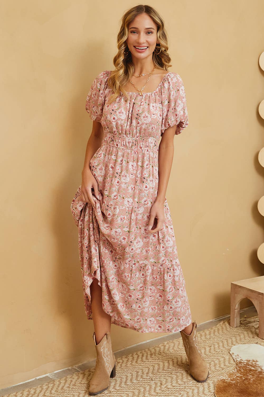 Sweet Lovely by Jen - ROMANTIC FLORAL ELASTIC WAIST MIDI DRESS