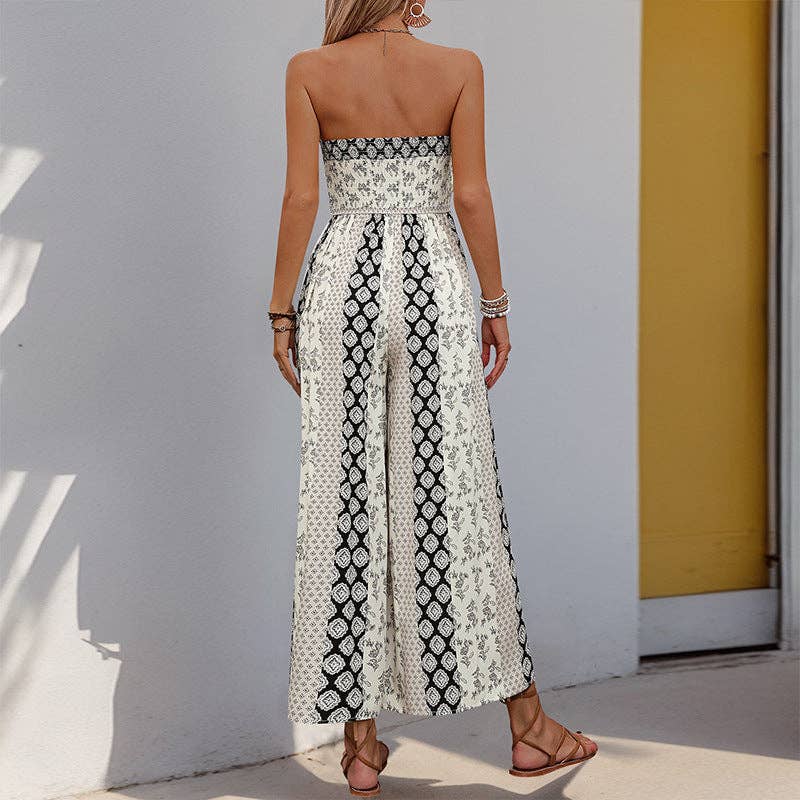 Suhkasana - Boho Strapless Smocked Jumpsuit with Wide-Leg Flare Pants