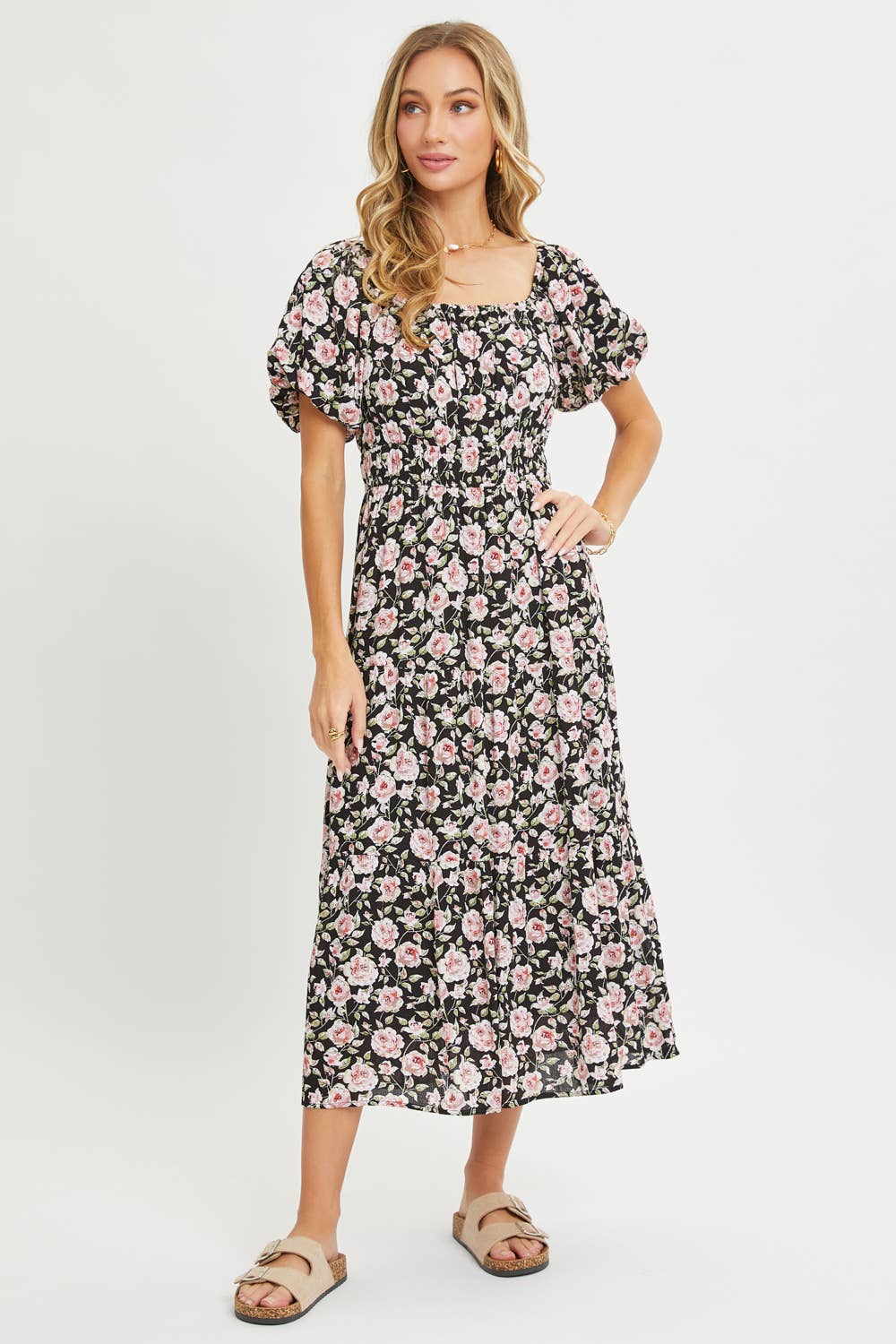Sweet Lovely by Jen - ROMANTIC FLORAL ELASTIC WAIST MIDI DRESS