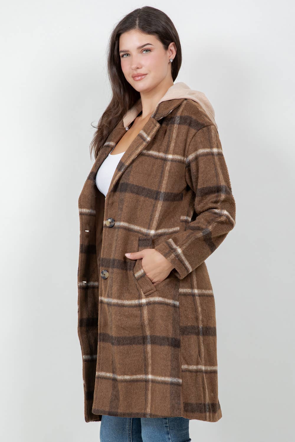 Veracci - Oversized Woolen Plaid Coat / Jacket with detachable Hood