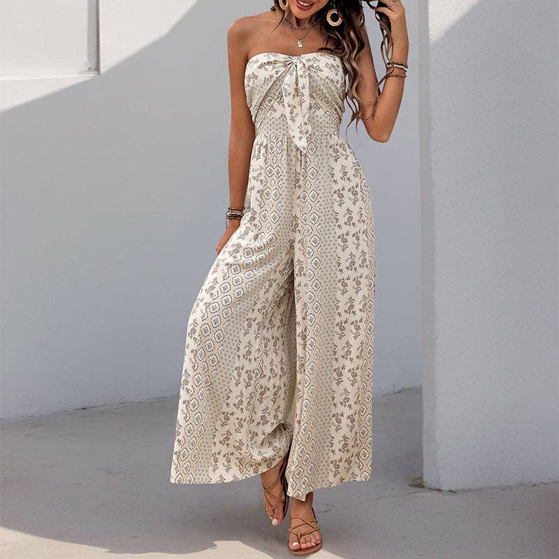 Suhkasana - Boho Strapless Smocked Jumpsuit with Wide-Leg Flare Pants