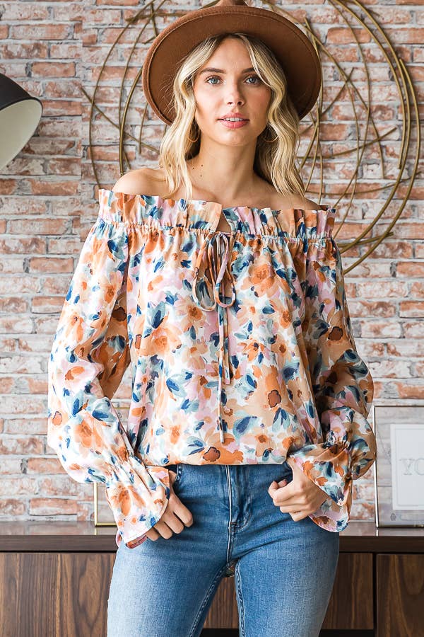 Floral Print Ruffle Neck Blouse for Women T5226