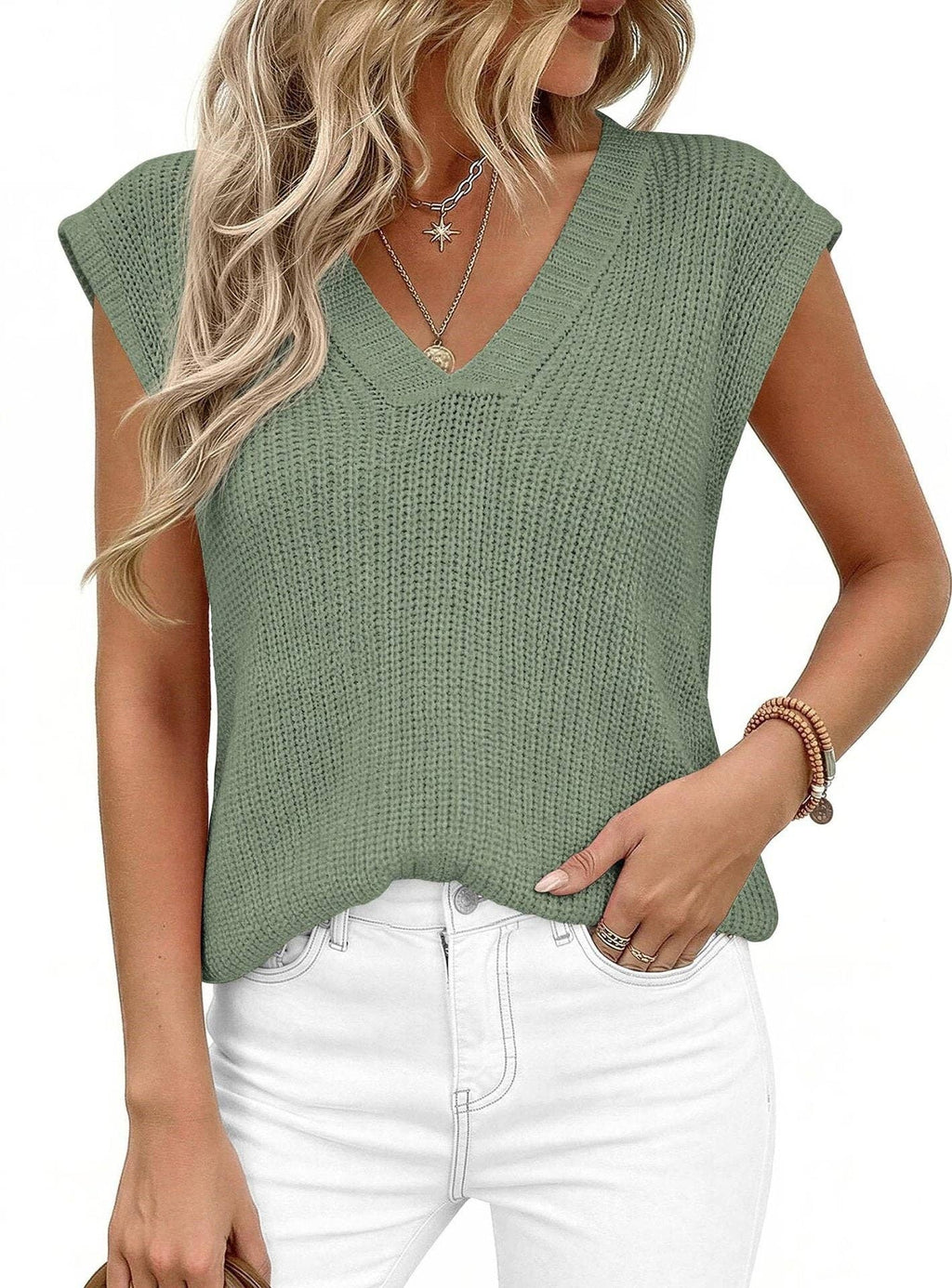 Suhkasana - V Neck Knit Sweater Vest Sleeveless Loose Summer Top