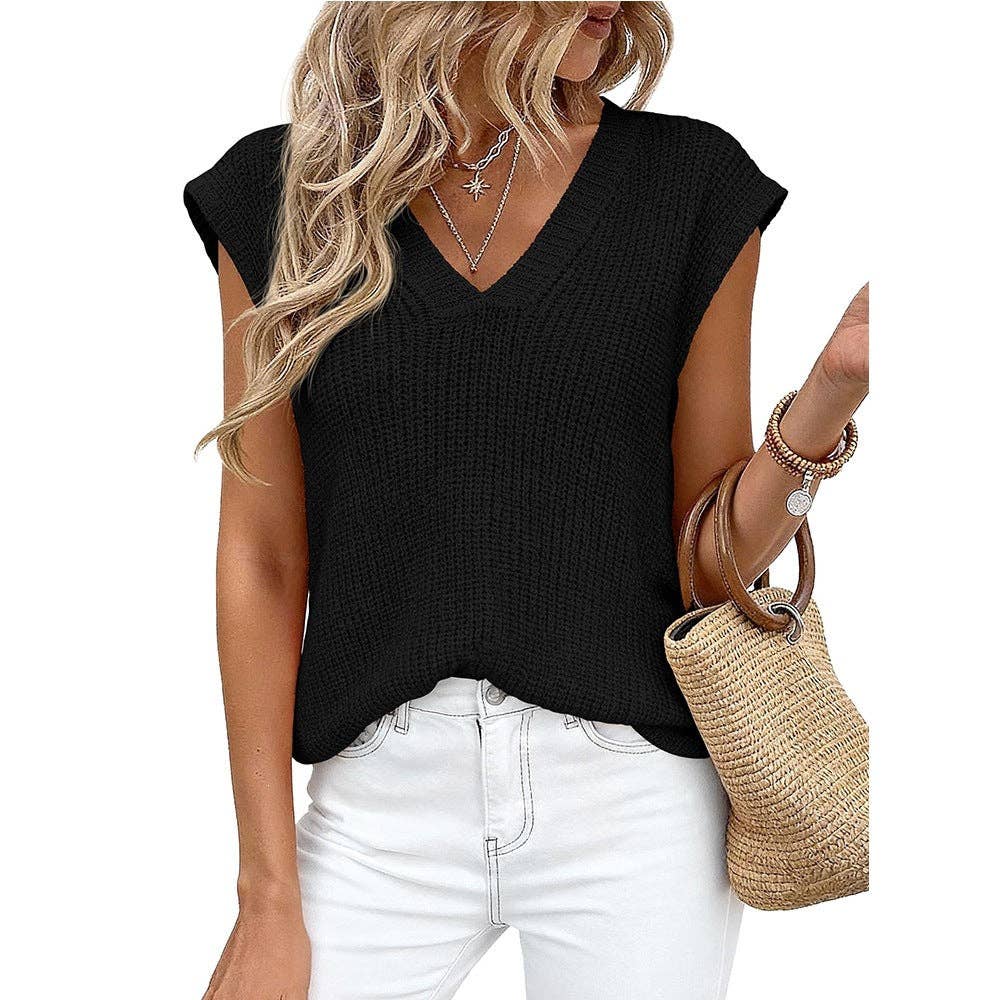 Suhkasana - V Neck Knit Sweater Vest Sleeveless Loose Summer Top