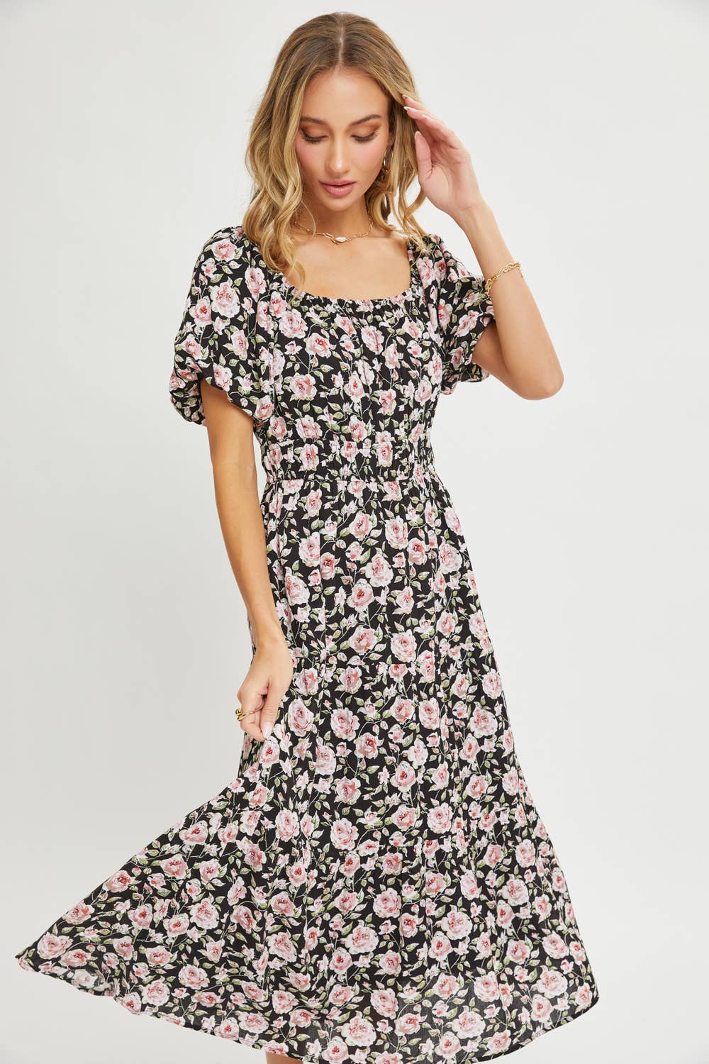 Sweet Lovely by Jen - ROMANTIC FLORAL ELASTIC WAIST MIDI DRESS