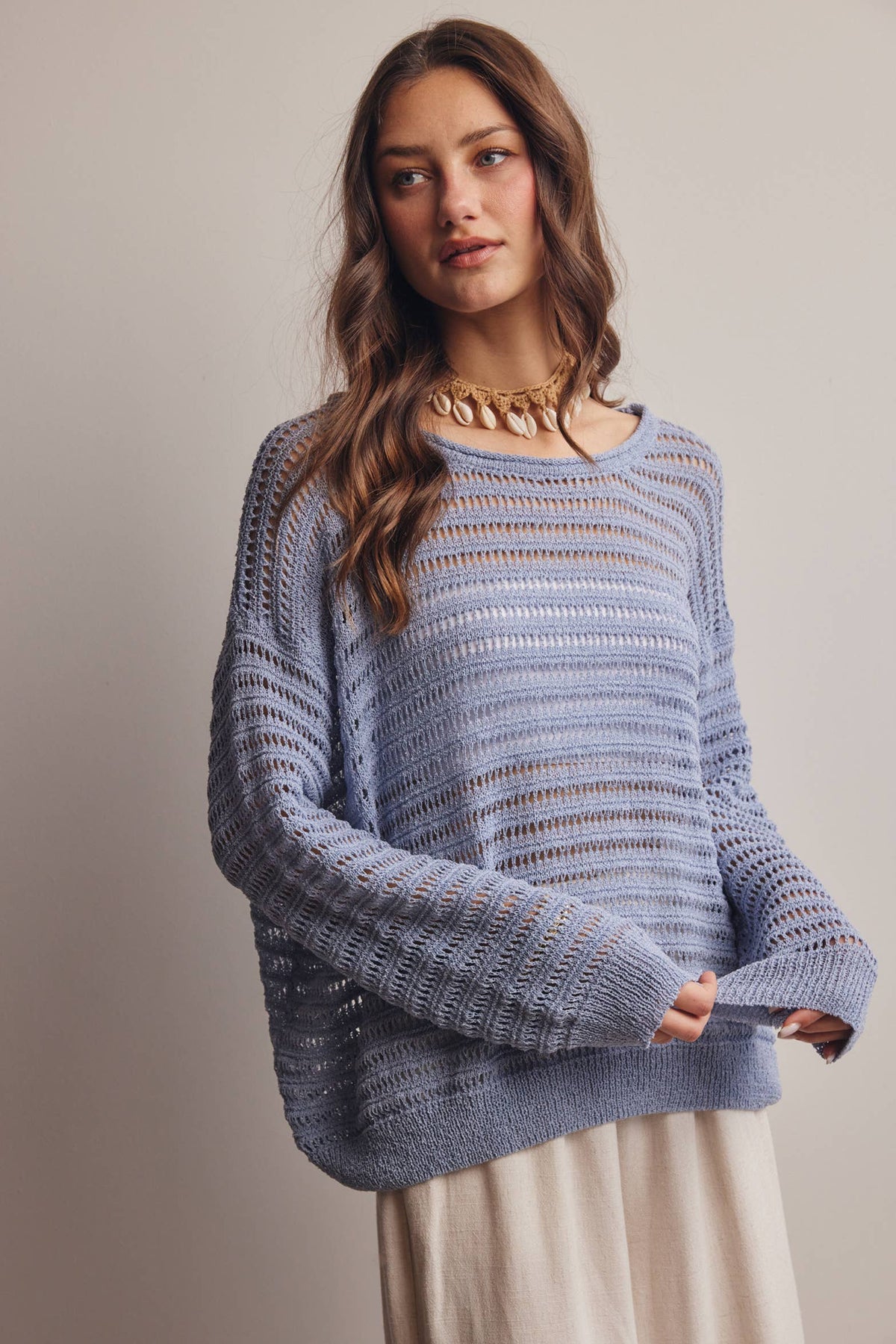 Forte - Open-Knit Stripe Sweater Top FSW0056