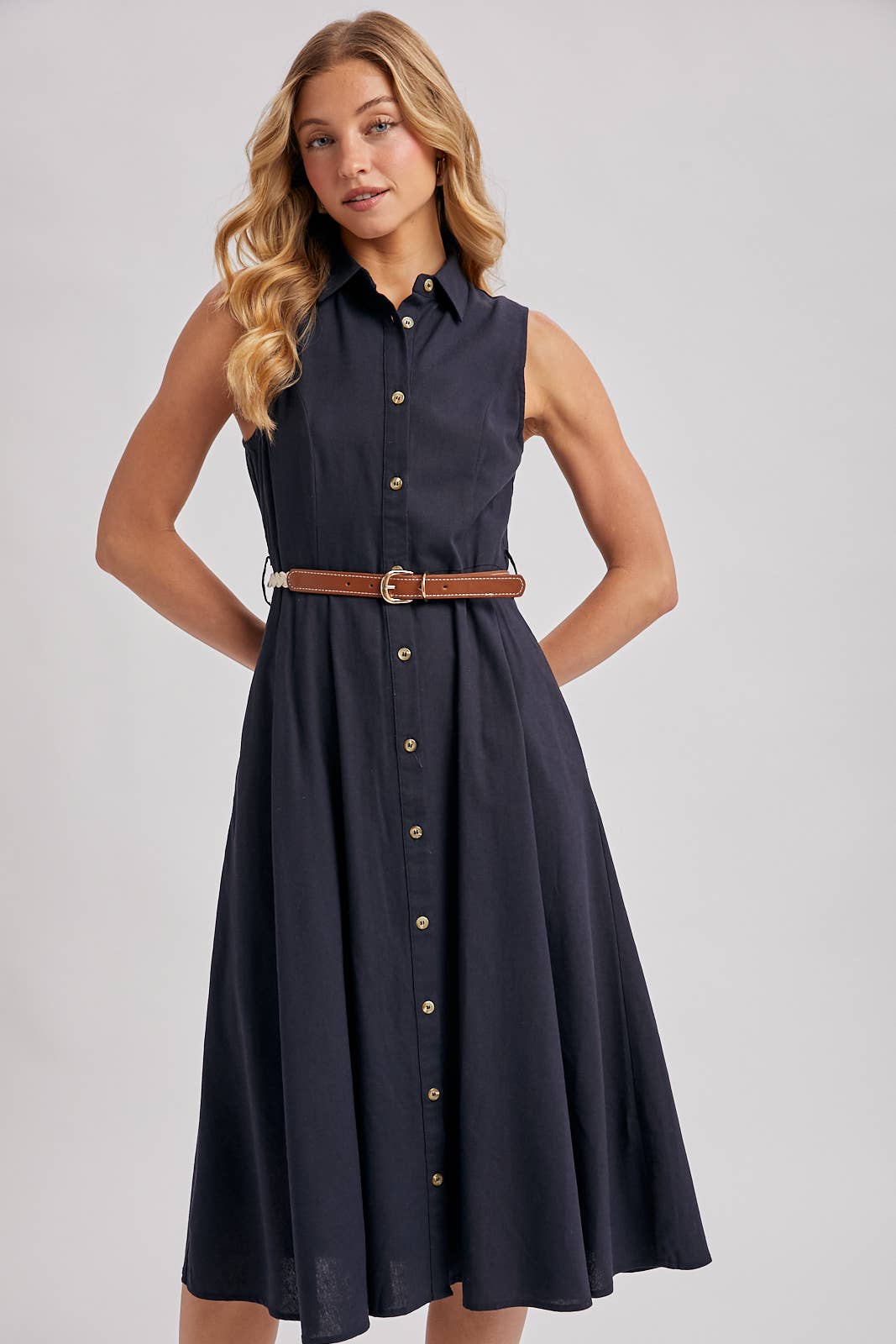 Bluivy - BUTTON DOWN SLEEVELESS BELTED SHIRT MIDI DRESS