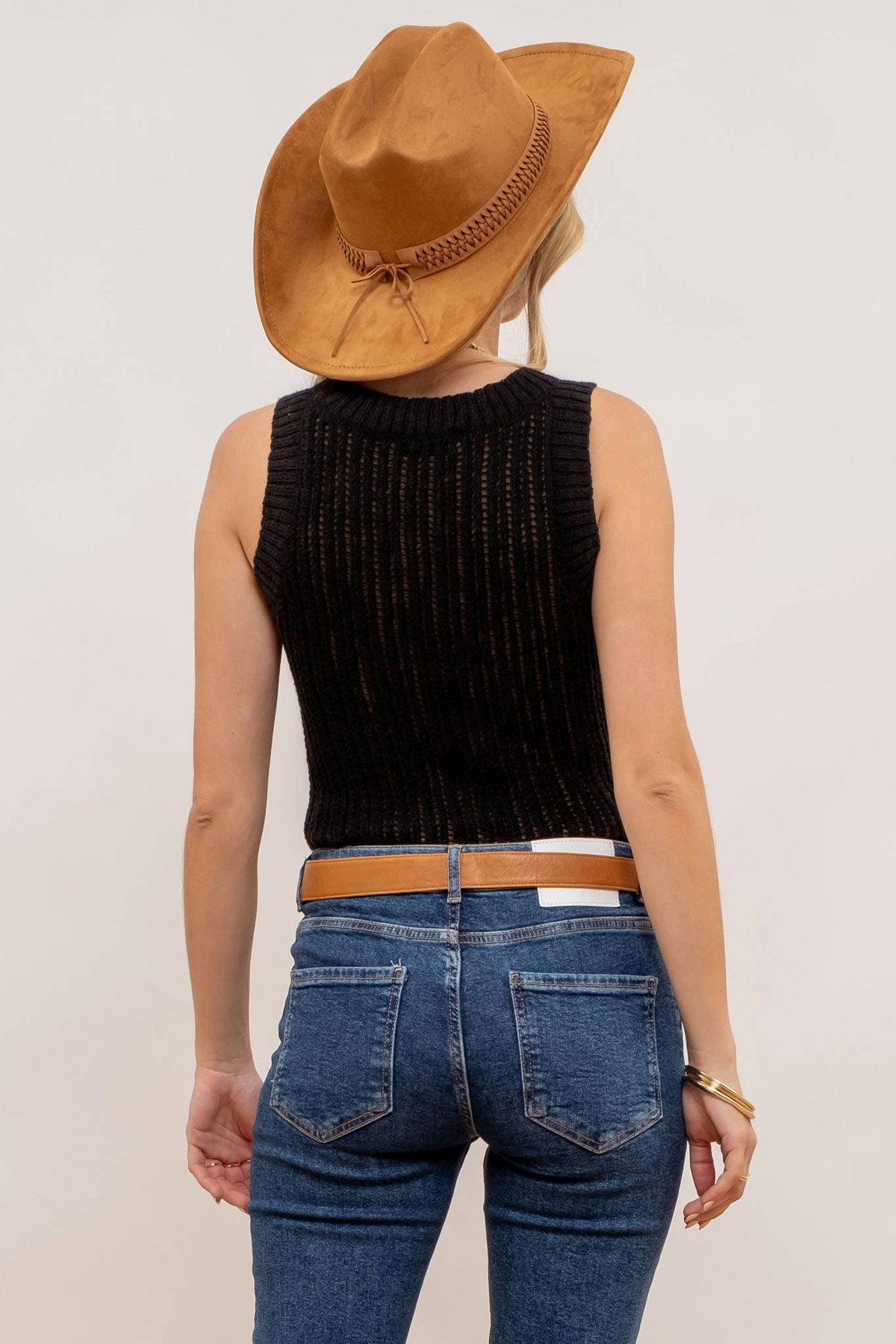 Blu Pepper - ROUND NECK CROCHET SWEATER KNIT TANK TOP