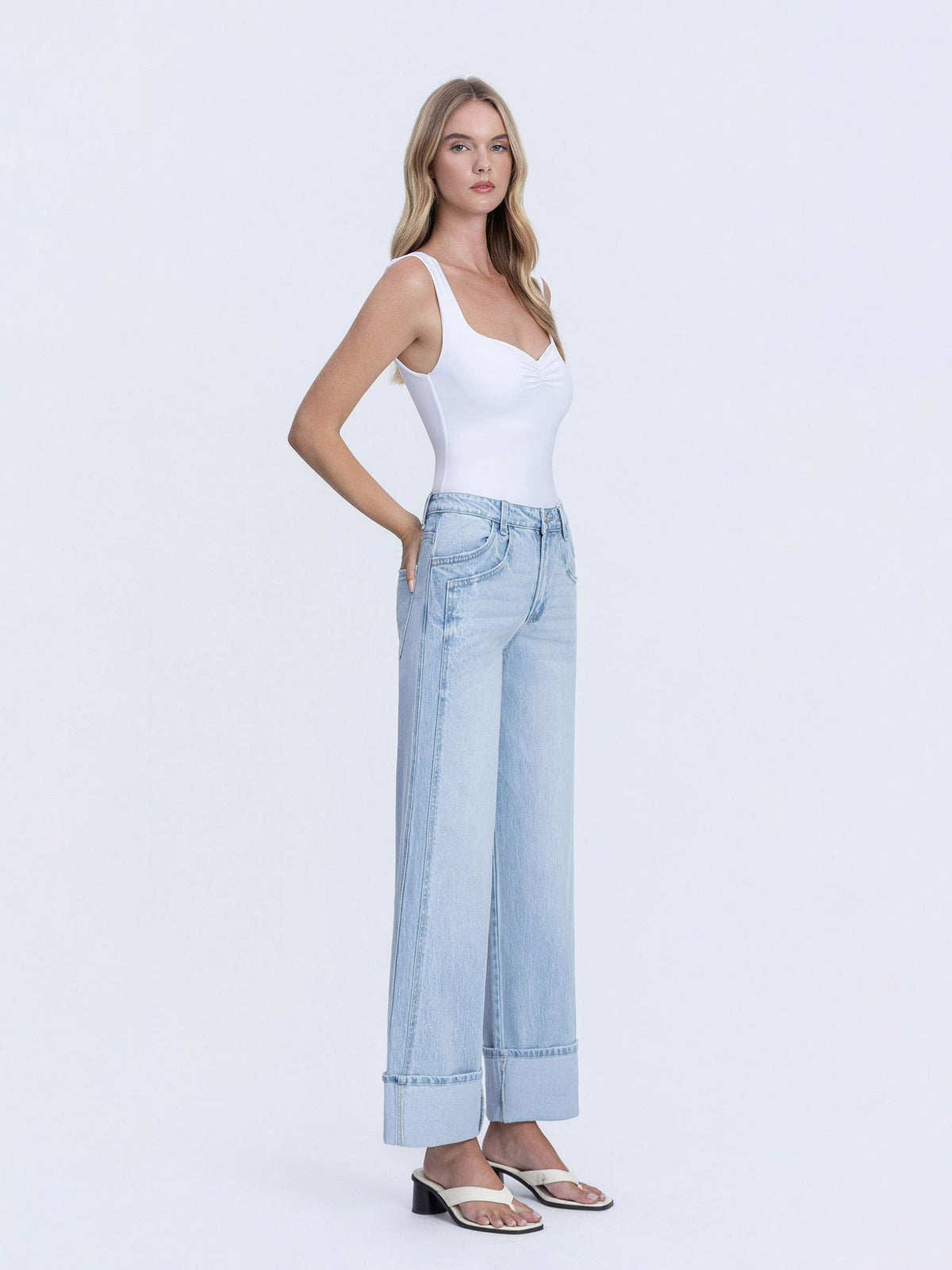 VERVET by FLYING MONKEY - SUPER HIGH RISE LIGHT WASH CUFFED BAGGY WIDE JEANS T6515